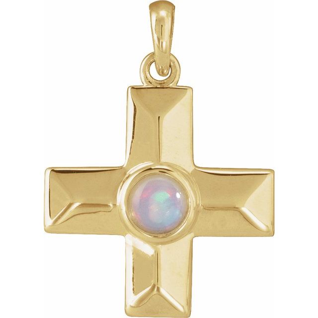 14K Yellow Natural White Opal Gratitude Cross Pendant