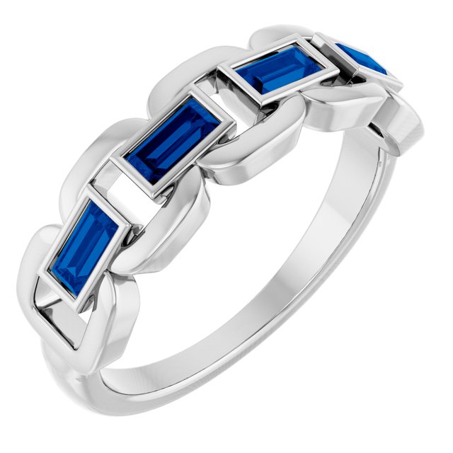 14K White Lab-Grown Blue Sapphire Chain Link Ring