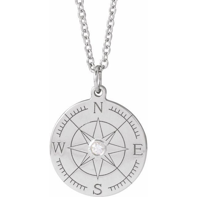 Sterling Silver .015 CT Natural Diamond Compass 16-18' Necklace