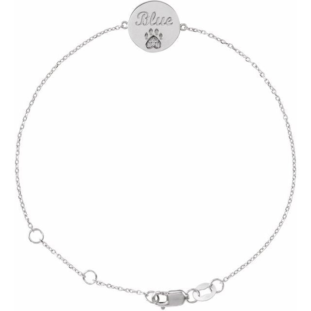 Sterling Silver Natural White Sapphire Engravable Paw Print 6 1/2-7 1/2' Bracelet