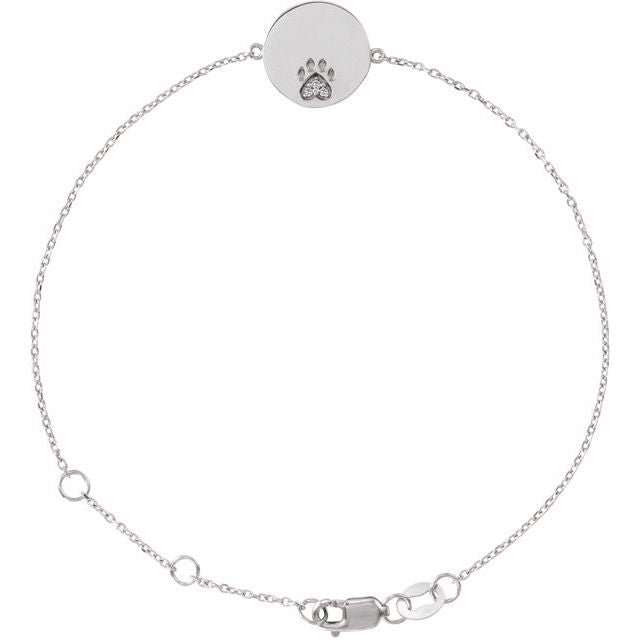 Sterling Silver Natural White Sapphire Engravable Paw Print 6 1/2-7 1/2' Bracelet