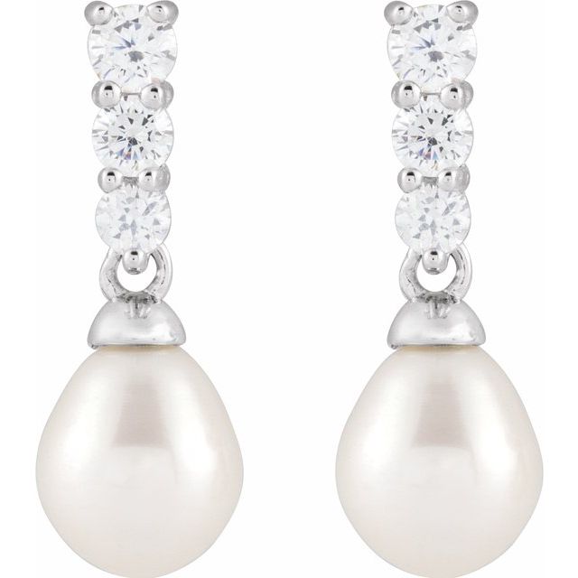 Rhodium-Plated Sterling Silver Cultured White Freshwater Pearl & Imitation White Cubic Zirconia Earrings