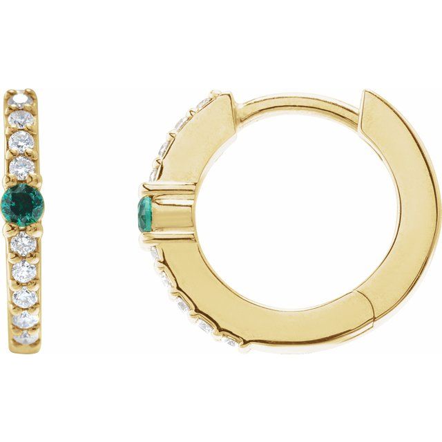 14K Yellow Lab-Grown Emerald & 1/8 CTW Natural Diamond 13.6 mm Hoop Earring