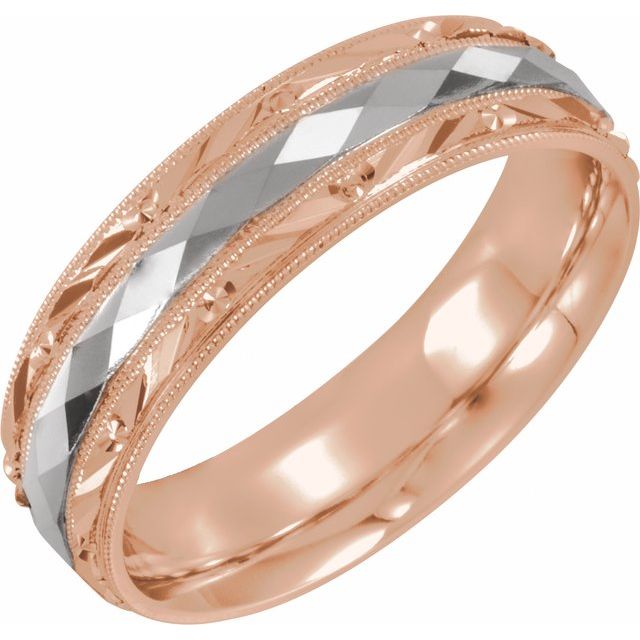 14K Rose/White/Rose 6 mm Design-Engraved Band with Milgrain Size 10