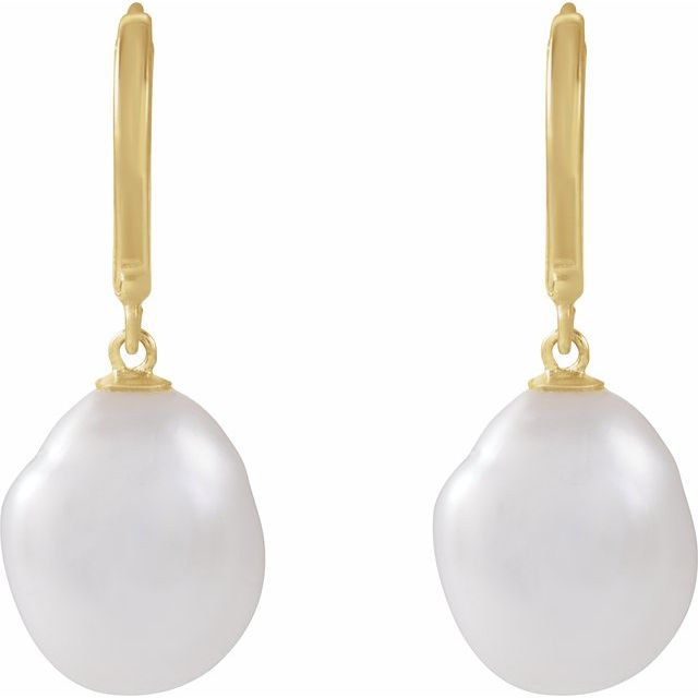 14K Yellow Cultured White Freshwater Keshi Pearl Hoop Earrings