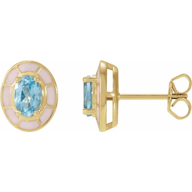 14K Yellow Natural Sky Blue Topaz & White Enamel Stud Earrings