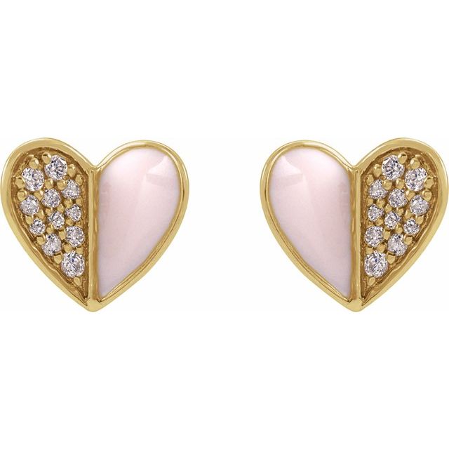 14K Yellow 1/10 Natural Diamond & Pink Enamel Heart Earrings