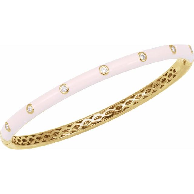 14K Yellow 1/5 CTW Natural Diamond & Pink Enamel 7' Bangle Bracelet