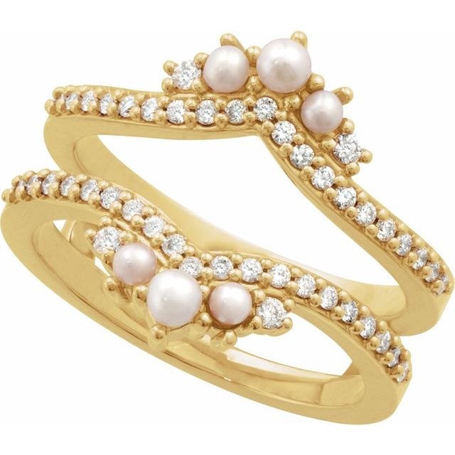 14k Yellow Cultured White Seed Pearl & 1/3 Ctw Natural Diamond Ring Guard