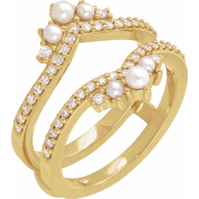 14k Yellow Cultured White Seed Pearl & 1/3 Ctw Natural Diamond Ring Guard