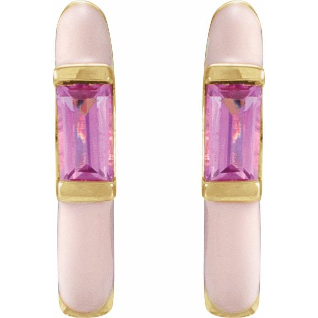 14K Yellow Natural Pink Tourmaline & Pink Enamel Hinged 11 mm Hoop Earrings