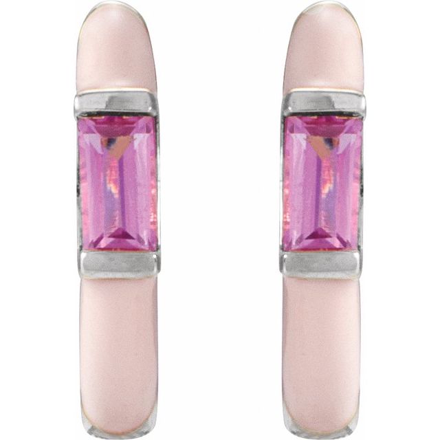 14K White Natural Pink Tourmaline & Pink Enamel Hinged 11 mm Hoop Earrings