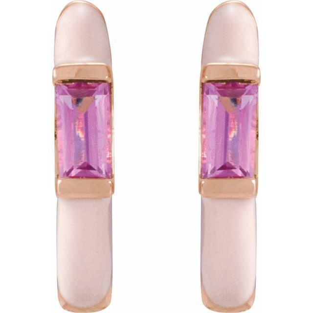 14K Rose  Natural Pink Tourmaline & Pink Enamel Hinged 11 mm Hoop Earrings