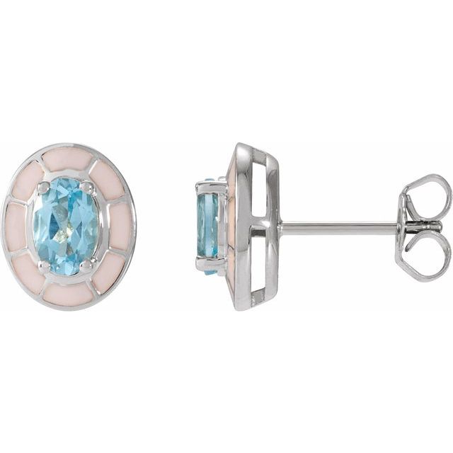 14K White Natural Sky Blue Topaz & White Enamel Stud Earrings