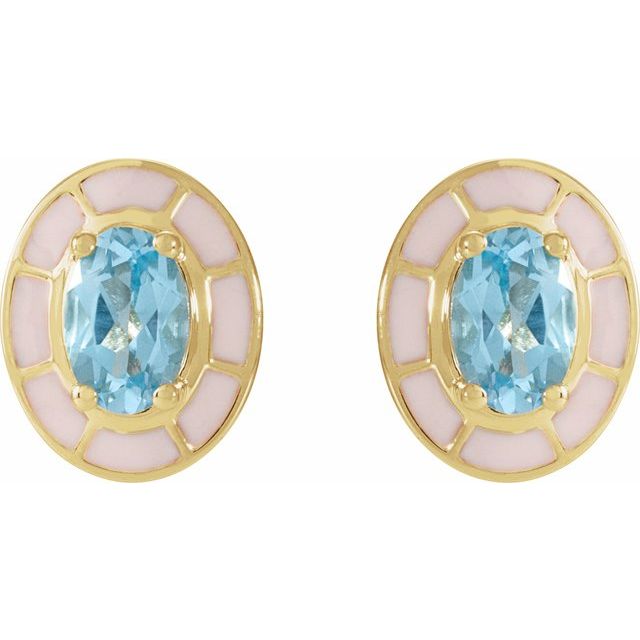 14K Yellow Natural Sky Blue Topaz & White Enamel Stud Earrings