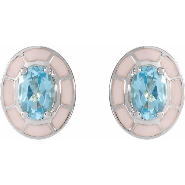 14K White Natural Sky Blue Topaz & White Enamel Stud Earrings