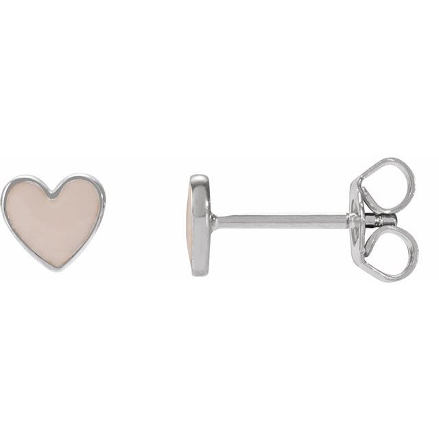 14K White Pink Enamel Heart Earrings