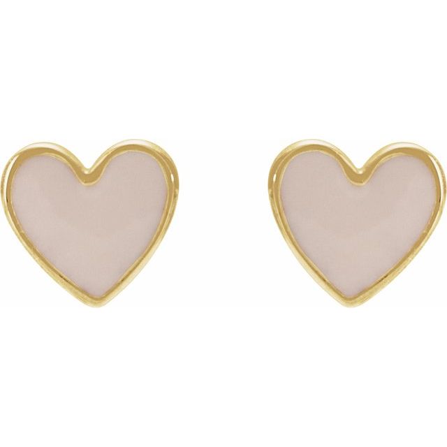 14K Yellow Pink Enamel Heart Earrings