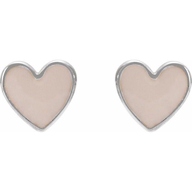 14K White Pink Enamel Heart Earrings