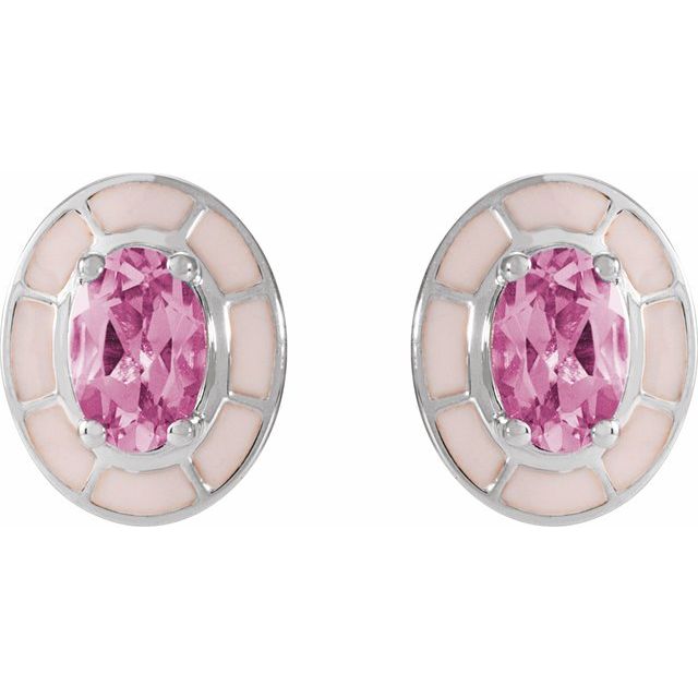 14K White Natural Pink Tourmaline & Pink Enamel Stud Earrings