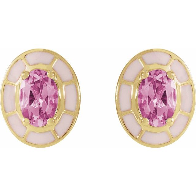 14K Yellow Natural Pink Tourmaline & Pink Enamel Stud Earrings