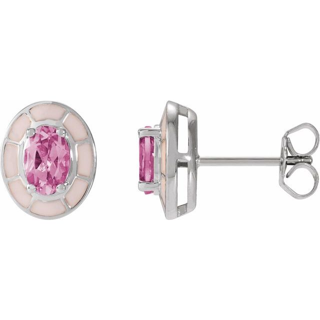 14K White Natural Pink Tourmaline & Pink Enamel Stud Earrings