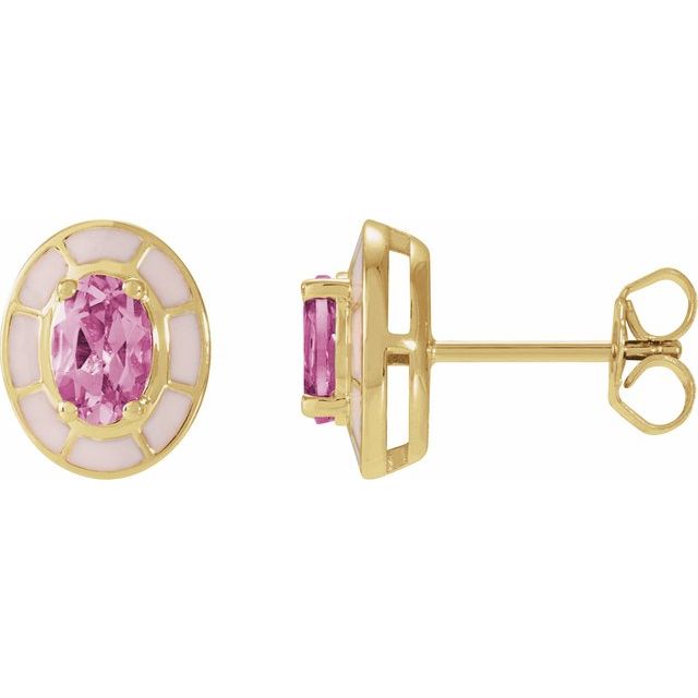 14K Yellow Natural Pink Tourmaline & Pink Enamel Stud Earrings