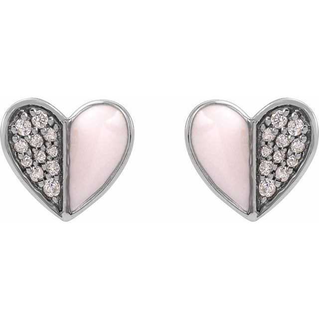 14K White 1/10 Natural Diamond & Pink Enamel Heart Earrings