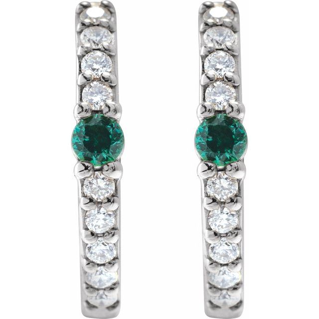 14K White Natural Emerald & 1/8 CTW Natural Diamond 13.6 mm Hoop Earring