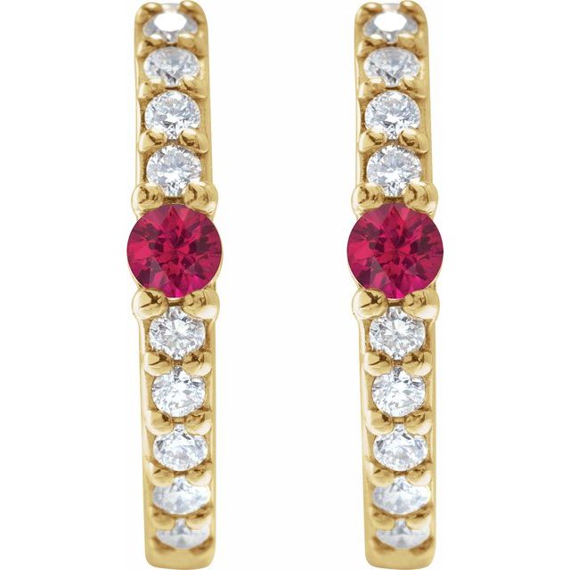 14K Yellow Natural Ruby & 1/8 CTW Natural Diamond 13.6 mm Hoop Earring