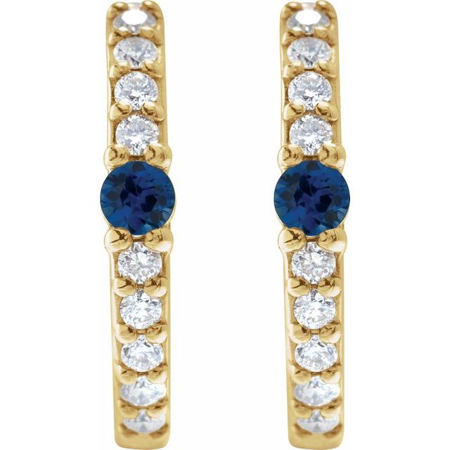 14K Yellow Lab-Grown Blue Sapphire & 1/8 CTW Natural Diamond 13.6 mm Hoop Earring