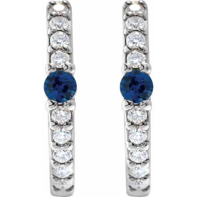 14k White Lab-grown Blue Sapphire & 1/8 Ctw Natural Diamond 13.6 Mm Hoop Earring