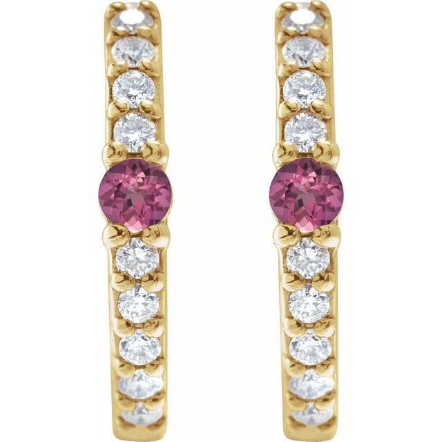 14k Yellow Natural Pink Tourmaline & 1/8 Ctw Natural Diamond 13.6 Mm Hoop Earring