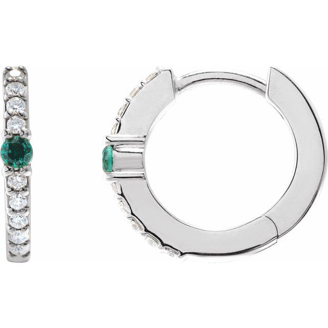 14K White Natural Emerald & 1/8 CTW Natural Diamond 13.6 mm Hoop Earring