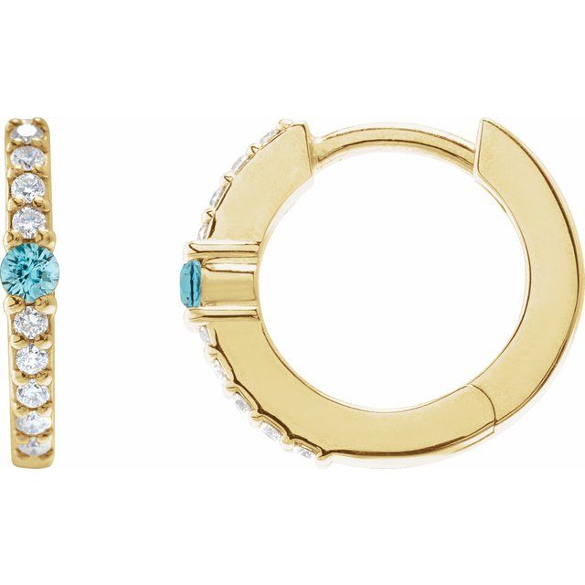 14K Yellow Natural Blue Zircon & 1/8 CTW Natural Diamond 13.6 mm Hoop Earring