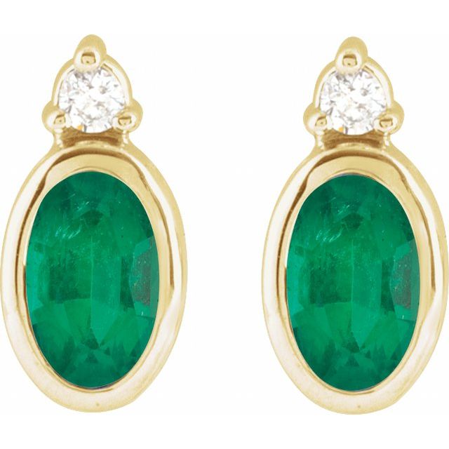 14K Yellow 5x3 mm Lab-Grown Emerald & .03 CTW Natural Diamond Earrings