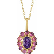 14K Yellow Natural Amethyst & Natural Rhodolite Garnet Halo-Style 16-18' Necklace