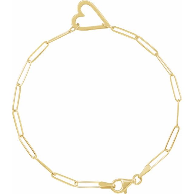 14K Yellow Heart & Paperclip-Style Chain 7' Bracelet