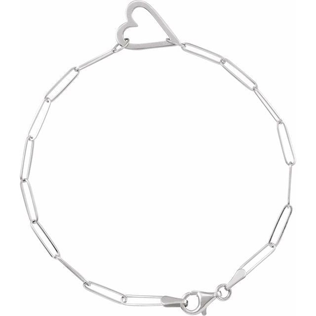 Sterling Silver Heart & Paperclip-Style Chain 7' Bracelet