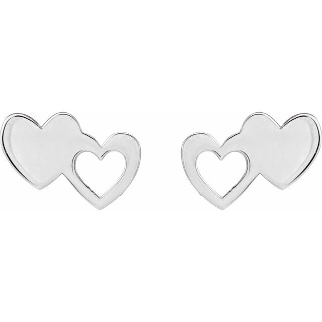 14K White Double Heart Stud Earrings