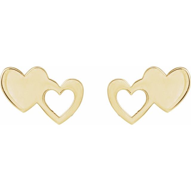 14K Yellow Double Heart Stud Earrings