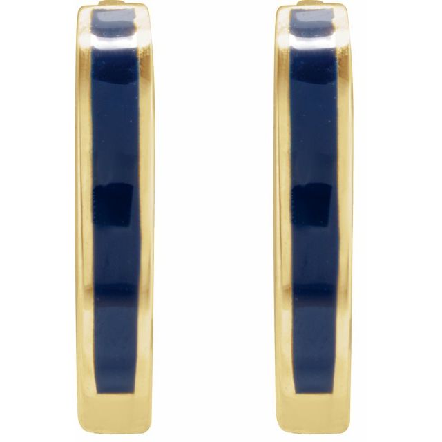 14K Yellow Blue Enamel Hinged 12.1 mm Hoop Earrings