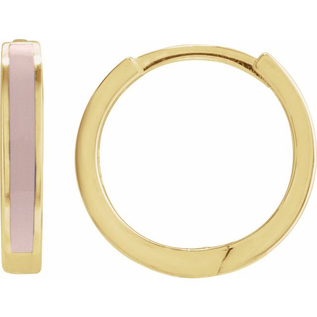 14K Yellow Pink Enamel Hinged 12.1 mm Hoop Earrings