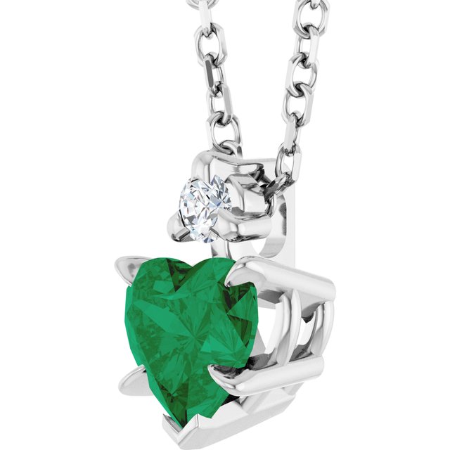 14k White Lab-grown Emerald & .03 Ct Natural Diamond 16-18' Necklace
