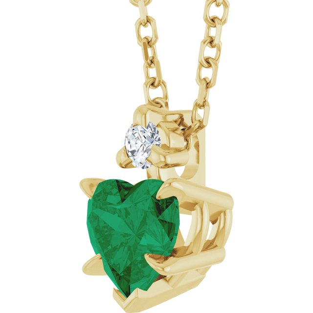 14k Yellow Lab-grown Emerald & .03 Ct Natural Diamond 16-18' Necklace