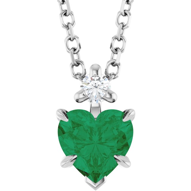 14k White Lab-grown Emerald & .03 Ct Natural Diamond 16-18' Necklace