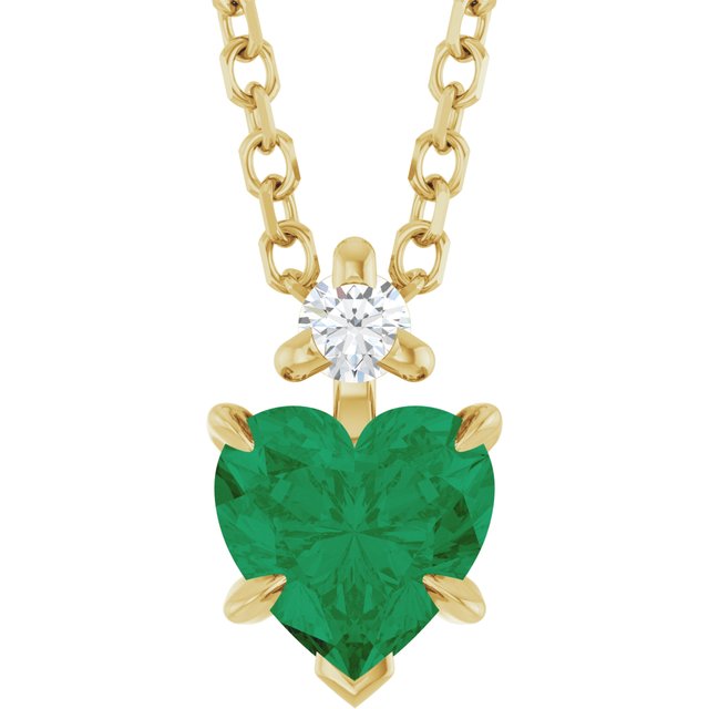 14k Yellow Lab-grown Emerald & .03 Ct Natural Diamond 16-18' Necklace