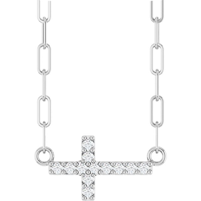 Sterling Silver .05 CTW Natural Diamond Sideways Cross 18' Necklace