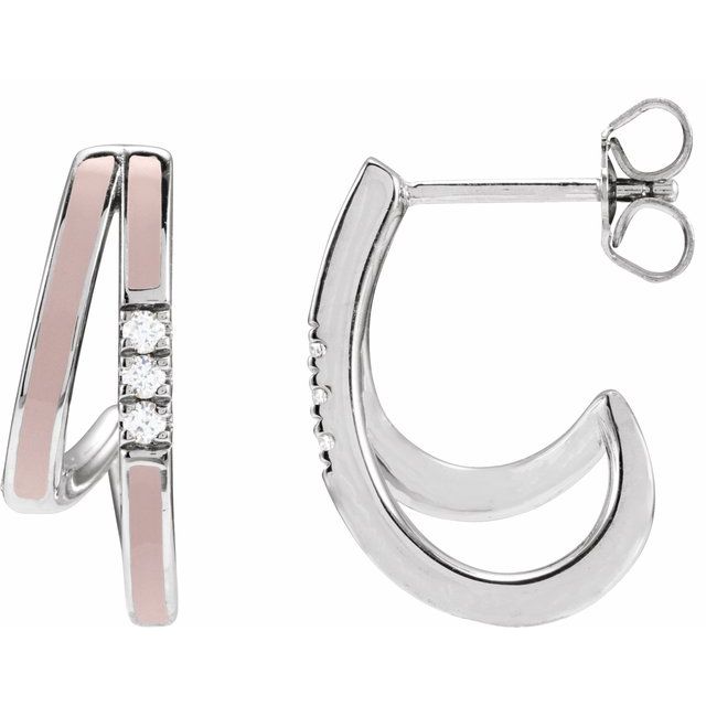 14K White 1/10 CTW Natural Diamond & Pink Enamel 17.3 mm Hoop Earrings
