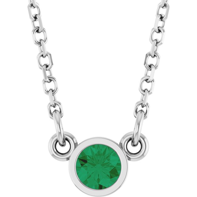 14K White Lab-Grown Emerald Solitaire 16' Necklace